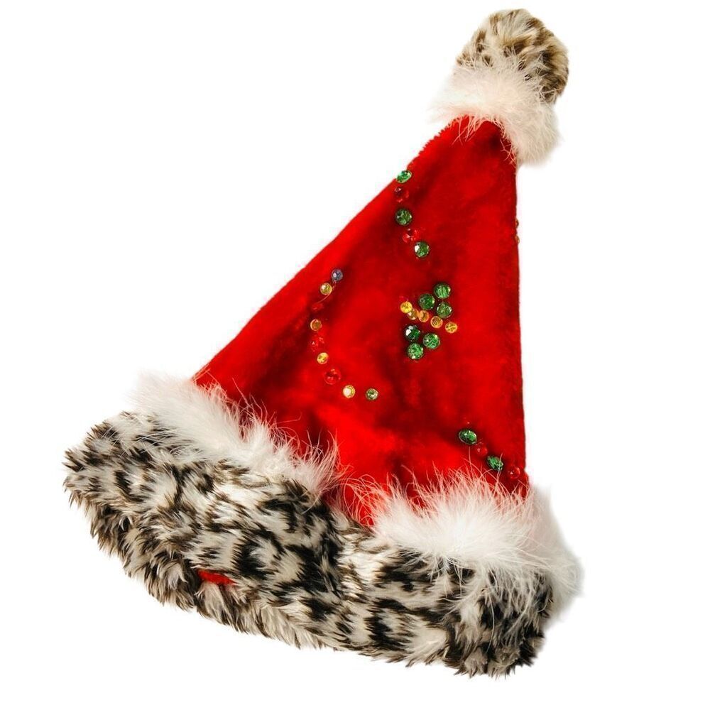 Red Santa Hat with Leopard Faux Fur Trim & Rhinestone Sequin Accents – Holiday C